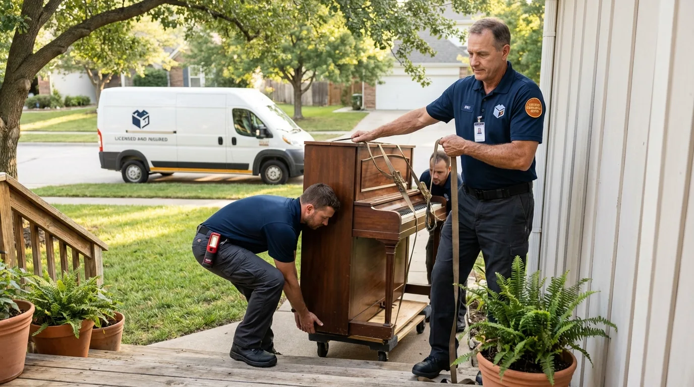 Licensed piano movers securing grand piano in Wesson, MS