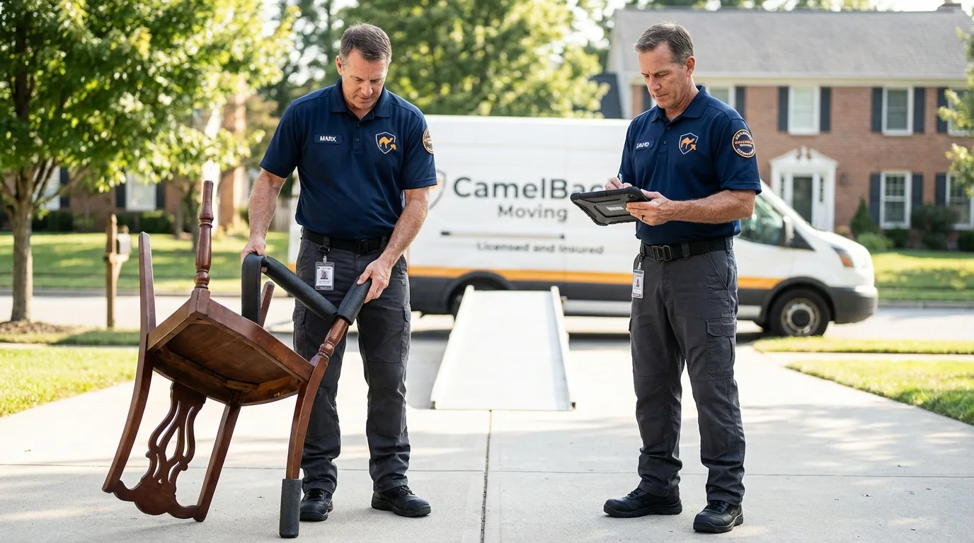 Movers inspecting furniture for damage prevention before loading in Wesson, MS