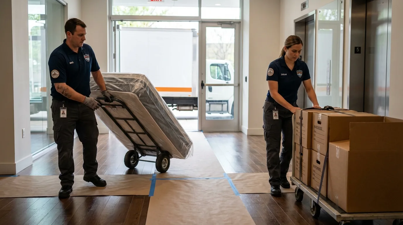 Professional apartment movers loading elevator in Wesson, MS